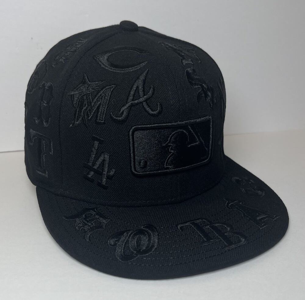 New Era 59FIFTY MLB All-Over Team Logo Blacked Out Fitted Hat Cap 7 1/4 NWT